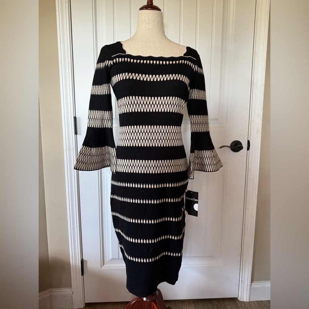 Maison Tara Black Beige Striped‎ Bell Sleeve Knit Midi Dress Size S